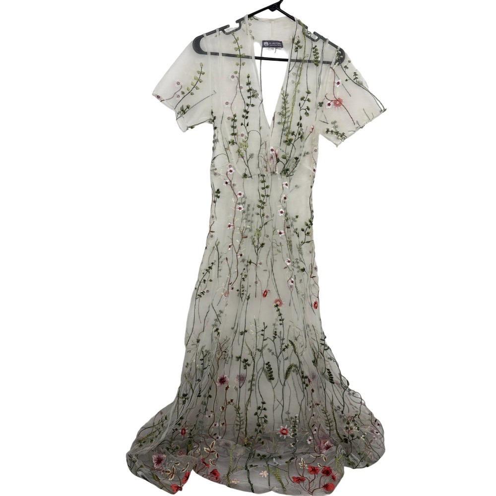 Elestory Dress Womens White Green Floral Embroider Mesh Tulle Maxi Sheer Garden